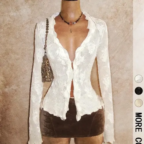 Women's Vintage Semi Sheer Knit Blouses Top, Deep V Neck Ruffle Trim Button Front Long Flared Sleeves Slim Top for Date Night Party