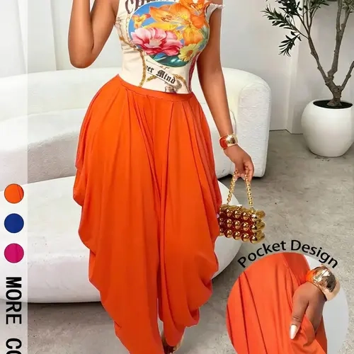 Women's Trendy Bold Style 2 Piece Matching Set, Asymmetrical One-Shoulder Floral Print Crop Top & High Waisted Loose Harem Pants with Side Pockets, Draped Silhouette, Perfect for Party