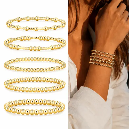 17KM 5PCS Gold Beaded Bracelets for Women, Waterproof Stretch Ball Bead Bracelet Stack, Adjustable Stackable Jewelry for Beach, Vacation & Everyday Wear,sohochic