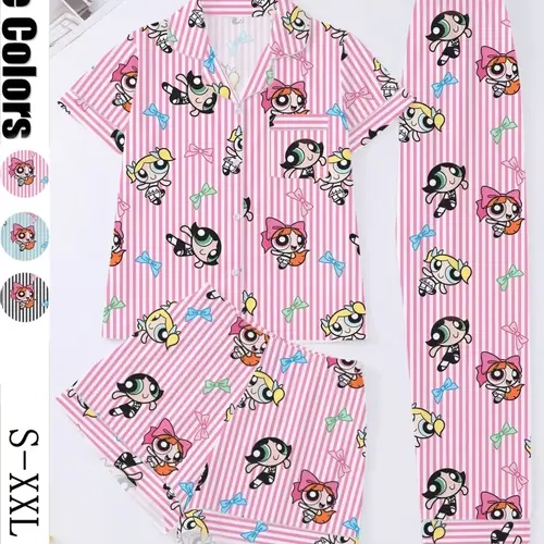 Women's 3-Piece Striped Pajama Set, Loungewear Set, Casual Cartoon Print Sleepwear, Soft Fitted Top, Elastic Shorts & Pants, Elegant Daily & Party Wear