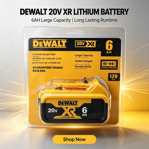 DeWalt DCB206 20V 6.0AH lithium-ion battery. Compatible with 20V power tools. Suitable for use with handheld drills, angle grinders, blowers, impact wrenches, and other DeWalt power tools. Durable, shock-resistant, and reliable.