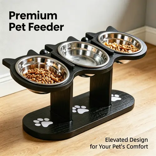 Adjustable Elevated Cat Bowls with 3 Removable Stainless Steel Bowls, Raised Wooden Cat Feeder Stand 2 Heights Adjustable, Anti-Slip Non-Skid Pet Food Water Treat Feeding Station Reduces Neck Strain for Kittens Adult Cats Multi-Cat Household