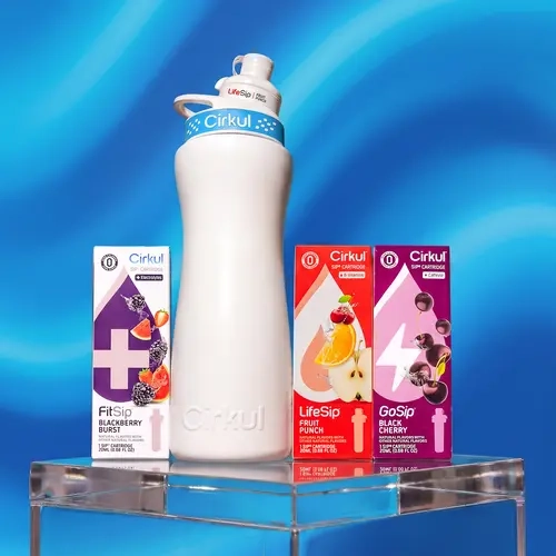 Cirkul Fan Favorites Bundle: 22oz. White Stainless Steel Bottle + 3 Flavor Cartridges (1 LifeSip Fruit Punch, 1 FitSip Blackberry Burst and 1 GoSip Black Cherry)