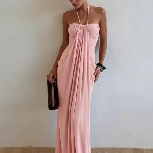 Women's Solid Color Ruched Bodycon Halter Neck Dress, Sexy Sleeveless Strapless Backless Slim Fit Tube Dress, Party Club Date Gown Dress, Elegant Slim Fitting, Casual Daily Maxi Dresses For Ladies Summer