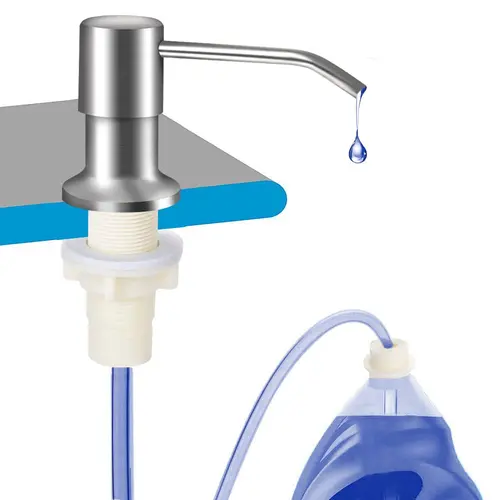 Brushed Nickel Stainless Steel Kitchen Sink Soap Dispenser - Smooth Countertop Water Pump with 39in Silicone No-Spill Extension Tube Kit, Fits Wood & Standard Containers, Reduces Refills for Household & Shower Use, Bottles