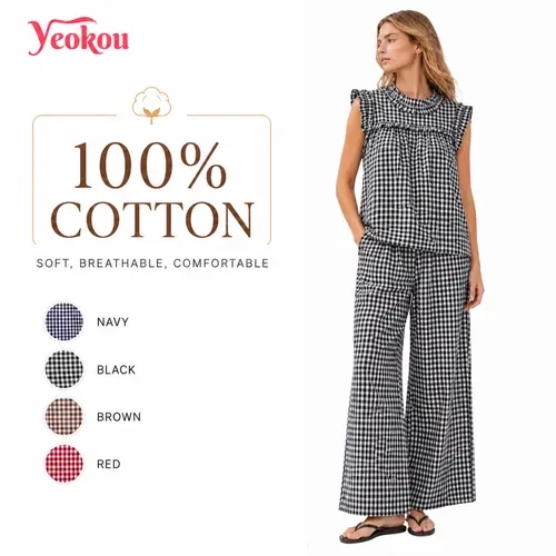 Yeokou Women's Gingham Plaid 2-Piece Outfit, Cute Scoop Neck Ruffle Top and Wide Leg Pants Set for Summer Beach Vacation, Cruises, Clothes, Women's Clothes, Basic, Sets For Women 2 Piece,sohochic