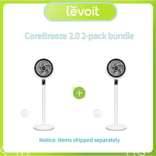 LEVOIT R382 CoreBreeze 2.0 2-Pack Portable Cooling Pedestal Fan Bundle - 16dB Quiet, 5 Adjustable Speeds, 12H Timer, Remote Control, Energy Efficient, Lithium Ion, Fan for Bedroom Home Office, Manufacturer Warranty