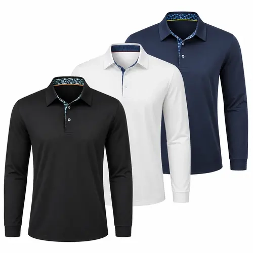 VILIGO 3 Pack Mens Polo Shirts Long Sleeve Print Collared Golf T Shirts Soft Breathable Casual Work Shirts Menswear Tops