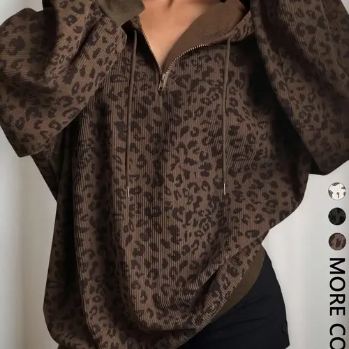 Women's Oversized Leopard Print Half Zip Hoodie, Drop Shoulder Long Sleeve Pullover with Drawstring & Ribbed Trim, Cozy Streetwear Trendy Hoodie Sweatshirt for Daily Wear