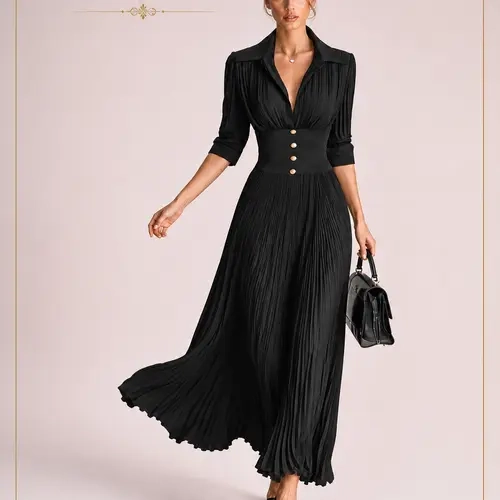 LikeMyChoice Women's 2026 Elegant Black Pleated Maxi Dress - Long Sleeves Button Detailing Aesthetic Chic Casual Womenswear
