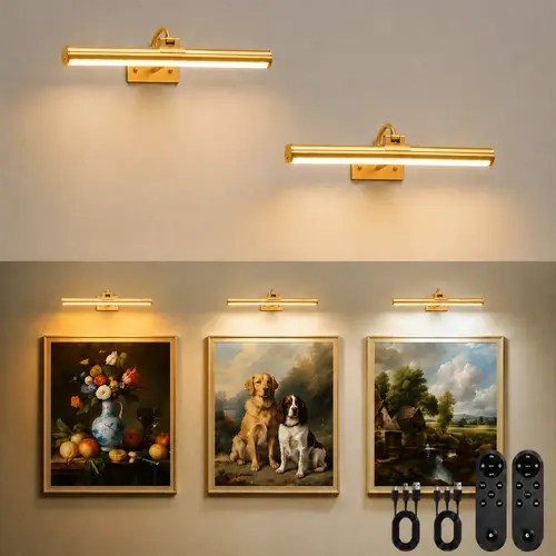 GIVRYES 2-Pack Cordless Wall Lamp LED Wall Sconce, 16in Gold USB Rechargeable 6000mAh Dimmable Rotatable LED Picture Light with Remote, Elegant Adjustable Lighting for Vanity Setup, Gallery Art, Elegant Lighting #SohoChic