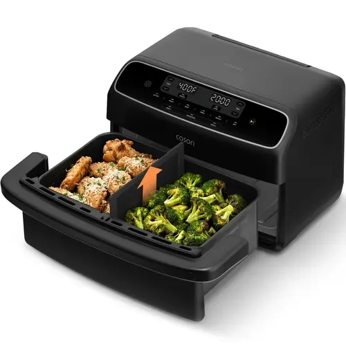 COSORI TWINFRY Double Air Fryer - 9 Qt Dual Large Capacity with Removable Divider, PFAS-Free Ceramic Coating, Easy Cleaning Dishwasher-Safe, 6-in-1 Sync & Match Functions for Family Roast, Bake, Broil, Dry, Multifunction Fryers