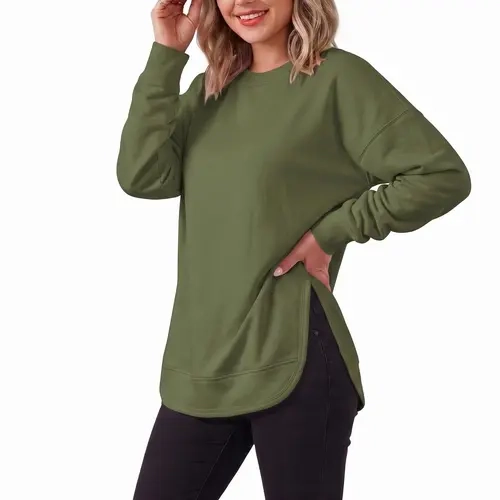 Fisoew Women's Soft Comfortable Aesthetic Sweatshirt Long Sleeve Round Neck Pullover High Low Curved Hem with Side Slits Oversized Basic Minimalist Tunic Top for Leggings Casual Layering Outfits Sporty Chic Athleisure SohoChic