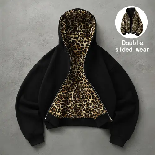 Unisex cotton-blend fabric set featuring a leopard-print lining and zipper hood; reversible hoodie jacket + casual long pants.Loose retro street-style casual two-piece set.
