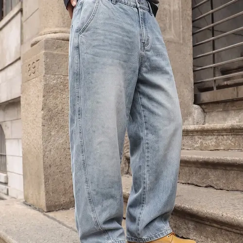 Baggy Jeans Men, Vintage Washed Wide-Leg Denim Pants, Soft Fabric Elastic Waist with Button-Zipper Fly, Loose Fit Streetwear Style, Relaxed Jeans, Blue Jeans, Size 28 Jeans, Streetwear Jean, Baggy Fit, Daily Casual Wear for Men, Retro Style,denim clothing