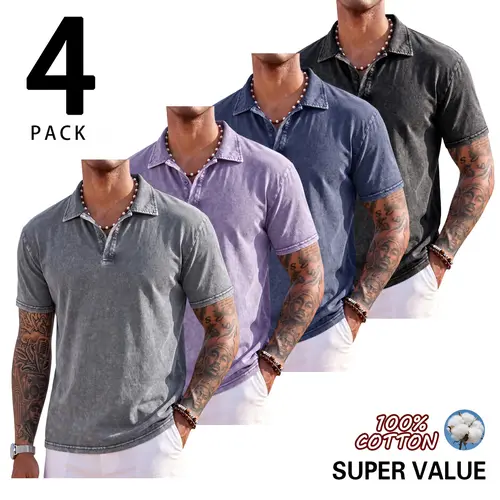Men’s 4 pack 100% cotton vintage washed short sleeve polo shirts—casual turn down collar half button tops, soft summer everyday streetwear T shirts