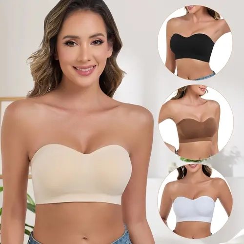 Lusait Women's Essential Strapless Wireless Bandeau Bra - Push Up, Non Slip, Seamless, Silicone Padded, Light Fabric, Halter-Convertible Basic Bralette for Back to School