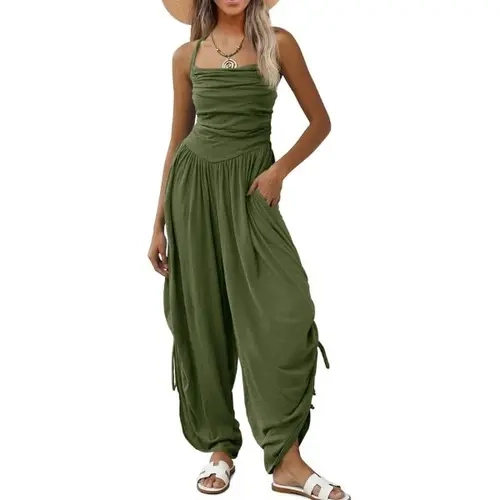 Fisoew Womens Casual Jumpsuits Summer Halter Straps Sleeveless Summer Clothes Set with Ruched Bodice Loose Barrel Wide Legs Adjustable Straps Pockets Breathable Fabric SohoChic