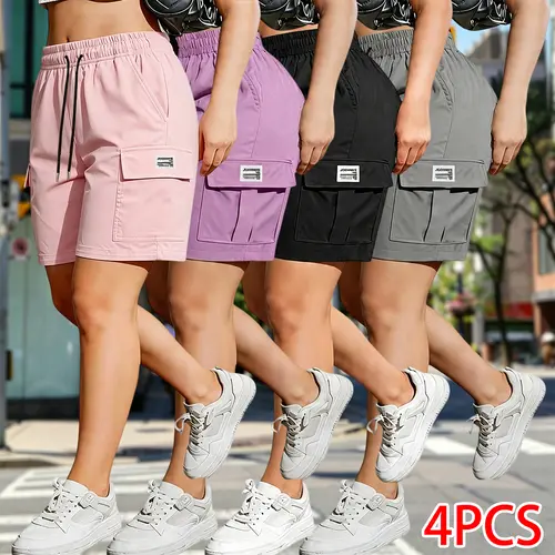 Pack of 4 women’s outdoor cargo shorts—breathable, quick-drying, multi-pocket design, solid color, drawstring elastic waistband; suitable for outdoor sports and casual wear; summer shorts, women’s shorts.