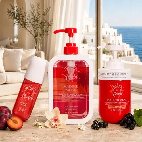 SOLO EN IBIZA Madrid Muse 3-Piece Bath & Body Layering Set, 6.1 fl oz (180ml) Fragrance Mist, 16.9 fl oz (500ml) Body Lotion & Body Wash, Romantic Fruity Floral Scent with Plum, Jasmine, Vanilla & Musk