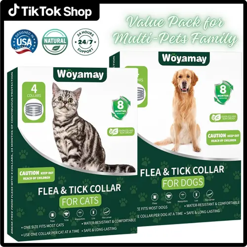 Dog & Cat Flea and Tick Prevention Collar with Natural Essential Oil, 4 Pcs Flea, Tick, Larvae Repellent Collars for Dogs Cats 32 Months Protection, Waterproof Adjustable Collar One Size Fits All Sizes Breeds, Odorless & Non-Greasy
