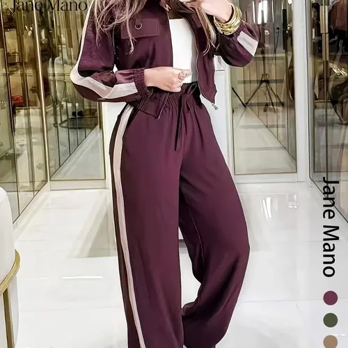 Light Luxury Caramel Sport Set for Women, Long Sleeve Collared Open Front Top, Drawstring Loose Fit Straight Leg Pants, Daily Commute Two-Piece Set