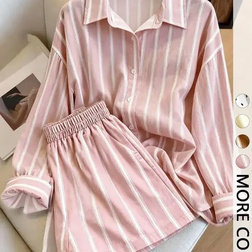 Women's Striped Set, Long Sleeve Button-Down Shirt & Elastic Waist Shorts, Loose-Fit Casual, Comfortable and Stylish