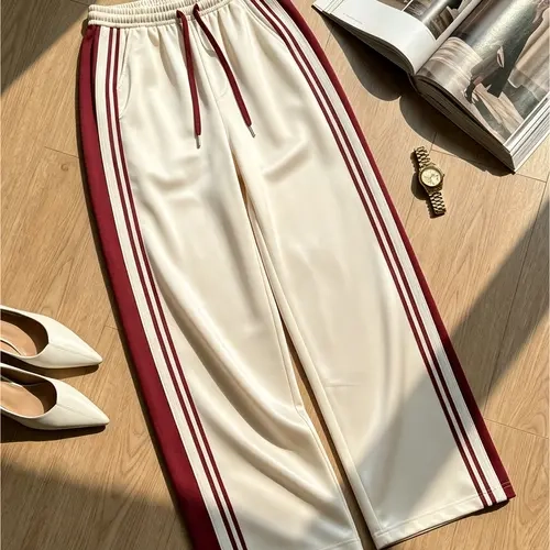 Women's 2-Piece Sets Casual Sporty Trousers - Burgundy American Vintage Side-Striped High-Waisted Drawstring Baggy Sweatpants, Gray Drapey Wide-Leg Polyester Edit Pants for Women, Gym, Streetwear,sohochic