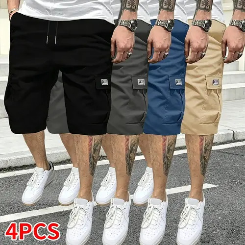 Men's 4-Piece Casual Fitness Sportswear Set - Cargo Men's Shorts with Drawstring Elastic Waistband, Multifunctional Pockets, for Hiking/Light Outdoor, Black+Gray+Blue+Burgundy, Summer Menswear Father's Day Gifts
