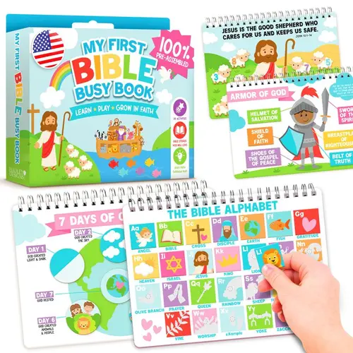 Hadley Designs Bible Busy Book for Toddlers - Montessori Christian Quiet Book, 15 Faith Activities, 152 Velcro Pieces, Church Gift, Teaching Supplies, Montessori Toys for Kitchen Table & Road Trips