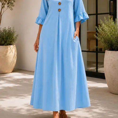 Plus Size Women's Solid Color Notched-Neck Wooden Button Dress, Loose-Fit Ruffle Sleeve Long Dress, Casual Style A-Line Dress for Office & Vacation, Loose Fitting Dress