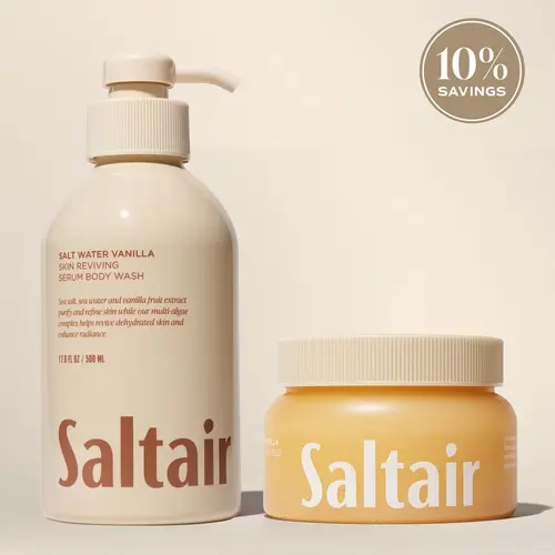 Saltair Salt Water Vanilla Double Cleansing Duo - Vitamin C Oil-Infused Body Scrub (18.5 fl oz / 524 g) , Serum Body Wash (17.0 fl oz / 500 mL) - Vanilla, Sea Salt, Creamy Sandalwood