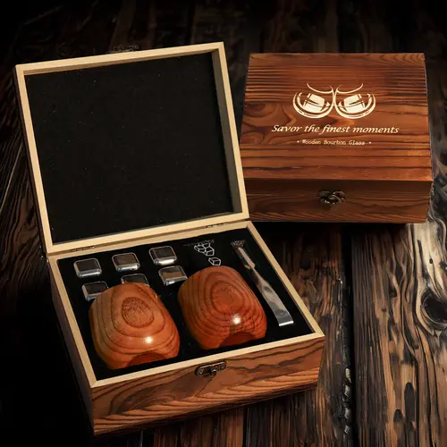 Handcrafted Charred Oak Whiskey Glasses Bar Set - Premium Durable Stainless Steel Bourbon Tumblers, Hand Wash Only, Indoor Bar Utensils, Ideal Birthday Anniversary Gift for Adults, Enhances Bourbon Aroma, Camping Essential