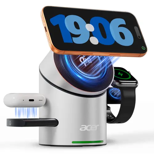 Acer S2  3 in 1 for Apple Wireless Charger - Charging Station,Magsafe Charger Stand for iPhone 17 16 15 14 13 12 - Apple Watch - Airpods Series (Charger & USB-C Included)