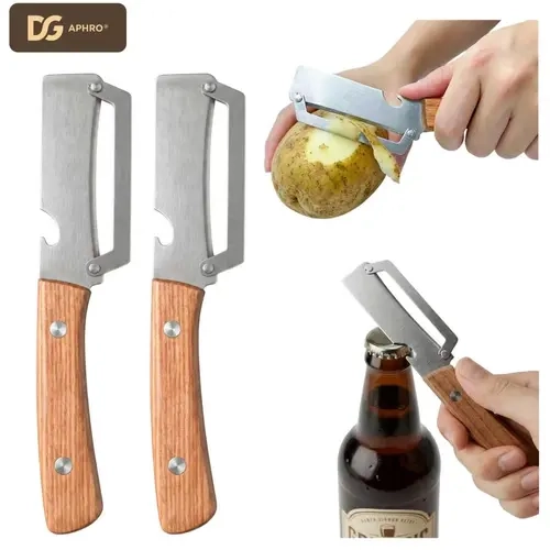 DGAPHRO 2-Pack Multi-Functional Vegetable Peeler - Premium Ultra-Sharp Stainless Steel Potato & Fruit Peeler Knife with Ergonomic Wood Handle & Built-in Bottle Opener, Professional Kitchen Prep Tool Set.
