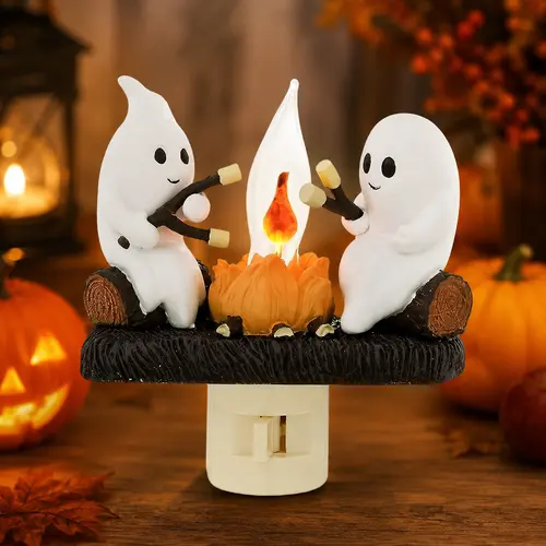 Ghosts Campfire Night Light, Wireless Led Plug in Wall Sconces Flicker Flame Figurine Lamps Halloween Decorations Indoor for Family, Party, Room, Kitchen (1/2pcs)