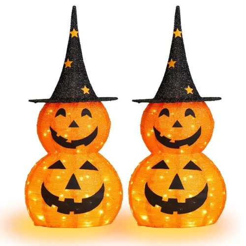 Ubesgoo 5FT Spooky 3-Tier Stack Artificial Pumpkin Ornament - Creepy Cute Carved Smiles, Witch Hat, 100 Warm White LED US Plug, Luminous Lightweight Collapsible Stretchable, Easy Install for Halloween Room Decor, Outdoor Patio, Garden Party