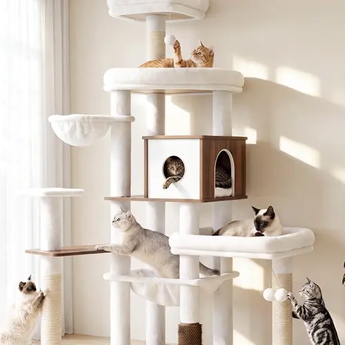 65-Inch Large Cat Tree for Indoor Cats, Multi-Level Cat Tower with Condo, Plush Beds, 2 Hammocks, Sisal Scratching Posts, Self Groomer and Rotatable Platforms