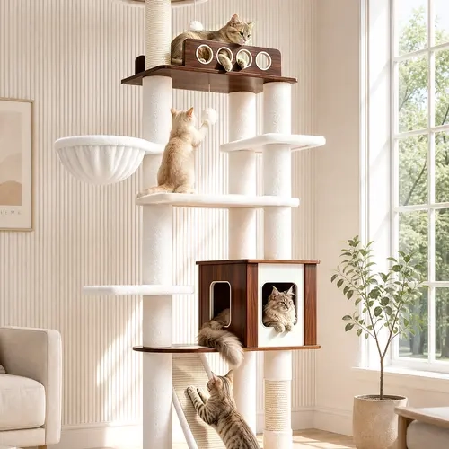 Tall Cat Tree for Indoor Large Cats, Space-Saving Modern Cat Tower with Solid Platforms, Roomy Perches, Cozy Condo & Sisal Scratching Posts