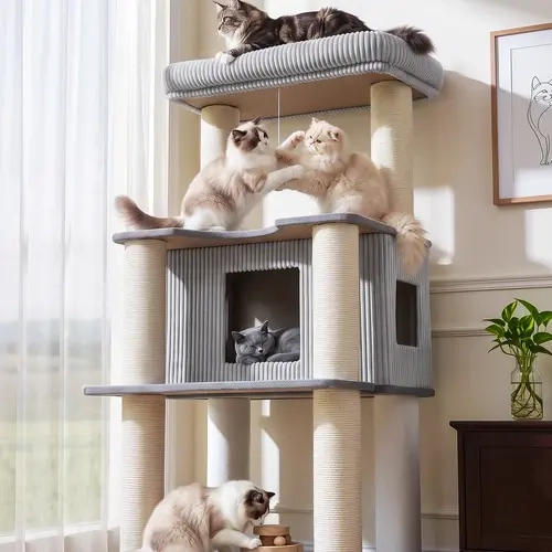 Modern Window-Side Cat Tree for Indoor Cats, Multi-Level Cat Tower with Dual Top Perches, Spacious Condo, Scratching Posts and Scratch Pad