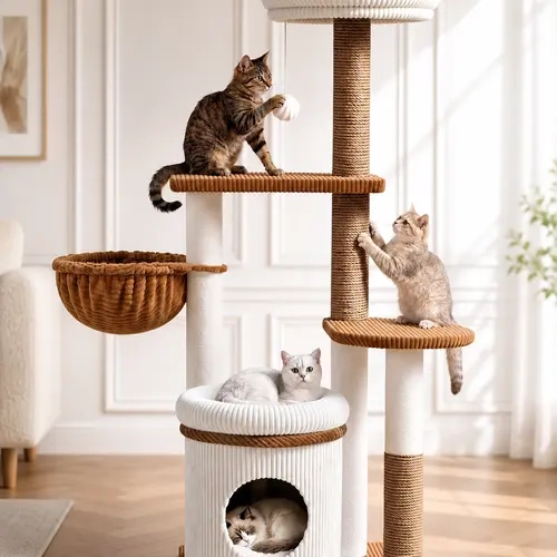 Large Cat Tree for Indoor Cats, Stylish Corduroy Cat Furniture with Oversized Perch, Deep Hammock, Woven Bamboo Condo & Sisal Scratching Posts