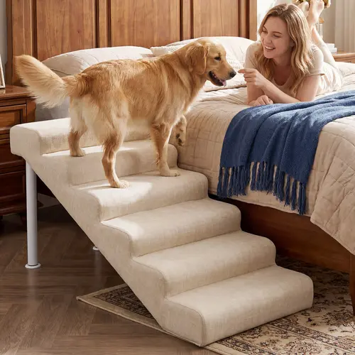 SLSY Foam Dog Stairs Ramp - Adjustable, Anti-Slip Bottom, Gentle Slope, Easy to Move, Waterproof, PE Support Board, Washable Removable Cover for Small/Senior Dogs (Holds Up to 150 lbs) - For High Beds, Couches, Adjustable Height, Small/Medium/Senior, Bed,