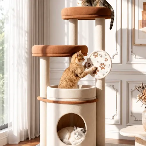 4-Tier Fully Wrapped Plush Cat Tree for Large Cats and Multi-Cat Homes, Dual Spacious Perches, Cozy Condo, Wide Stable Base and Scratching Pad