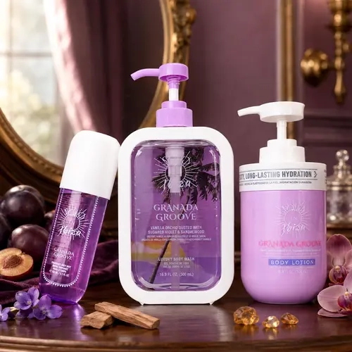 SOLO EN IBIZA Granada Groove 3-Piece Bath & Body Layering Set, 6.1 fl oz (180ml) Fragrance Mist, 16.9 fl oz (500ml) Body Lotion & Body Wash, Warm Floral Woody Scent with Plum, Violet, Sandalwood & Amber