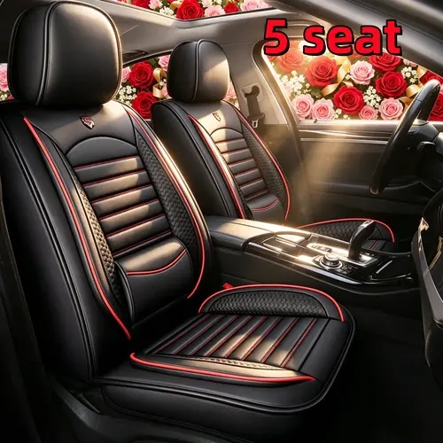 Deluxe Edition Black Red Waterproof PU Leather Car Seat Covers - Universal Fit for All Cars, Comfortable Stylish Auto Interiors Upgrade, Automotive Accessories
