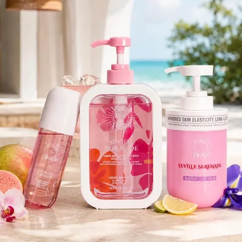 SOLO EN IBIZA Seville Serenade 3-Piece Bath & Body Layering Set, 6.1 fl oz (180ml) Fragrance Mist, 16.9 fl oz (500ml) Body Lotion & Body Wash, Fresh Tropical Scent with Guava Nectar, Coconut Water, Orchid & Pink Musk