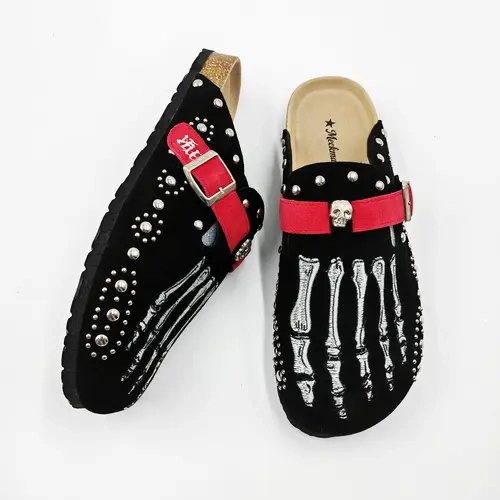 MECKMANLY Men's Gothic Cow Hide Suede Mules - Red Round Toe Slip-On Slides, Skeleton Print, Skull Buckle, Adjustable Strap, Letter Print, Rubber Sole, Casual Basic Street Style All-Season Shoes,sohochic