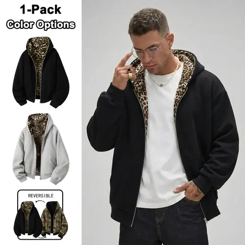 Men’s cotton-blend zip-up leopard-print hoodie sweatshirt, reversible design, casual sweatshirt, faux two-piece tracksuit with sweatpants, street-style hooded jacket, suitable for streetwear and everyday wear sohochic