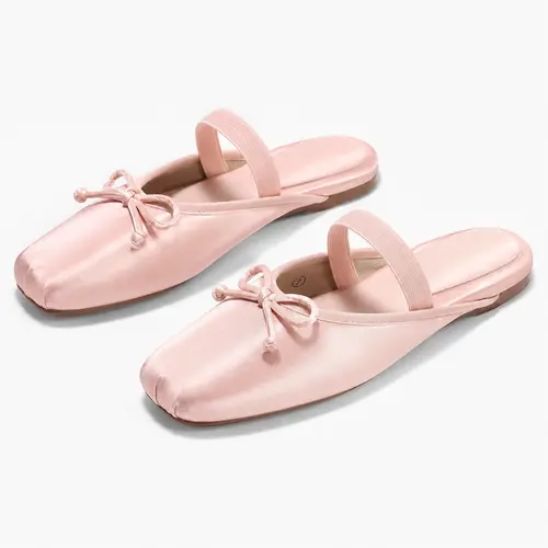 Coutgo Women's Faux Leather Lightweight Ballet Flats - Square Toe Bow Mules, Slip-On Slides for Business Office Wear, Womens, Footwear, Rubber, Fabric, Ankle, Basic, Plain, Shoes, Pull-On, Casual,back to school,back to school haul,sohochic