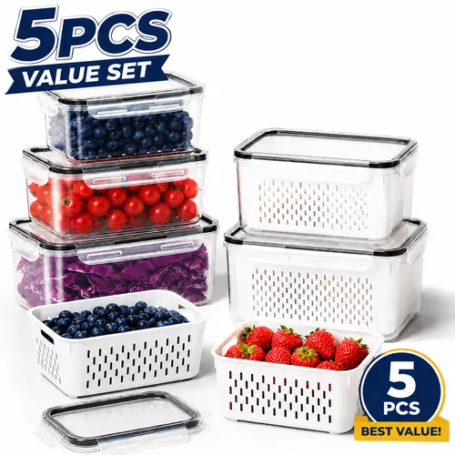 【Summer Deals】5 Pack Fridge Organizers and Storage - Stackable Fruit Storage Containers for Fridge with Removable Colander, BPA-Free Food Storage Container for Salad Berry Lettuce Vegetables Meat Keeper Fresh, Refrigerator Organizer, Food Storage Boxes,so
